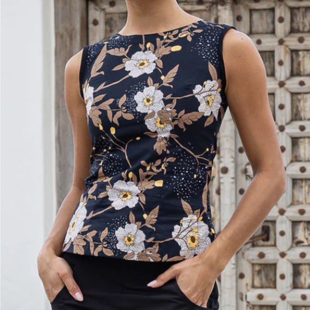 New with Tags: Sleeveless Black Floral-Print Blouse with Brown & Yellow Accents